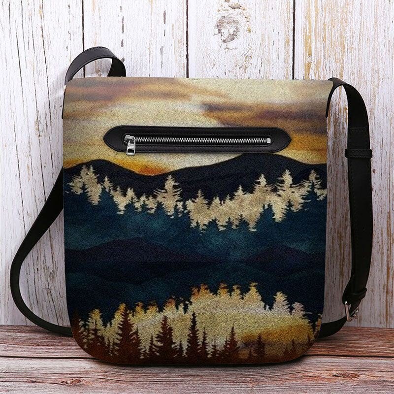 Dame Filt Mountain Treetop Print Mønster Casual Outdoor Skulderveske Crossbody Bag