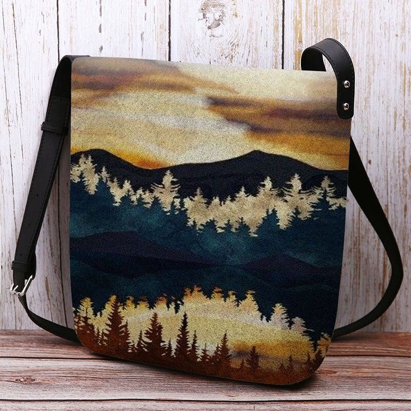 Dame Filt Mountain Treetop Print Mønster Casual Outdoor Skulderveske Crossbody Bag