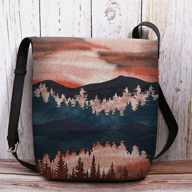 Dame Filt Mountain Treetop Print Mønster Casual Outdoor Skulderveske Crossbody Bag