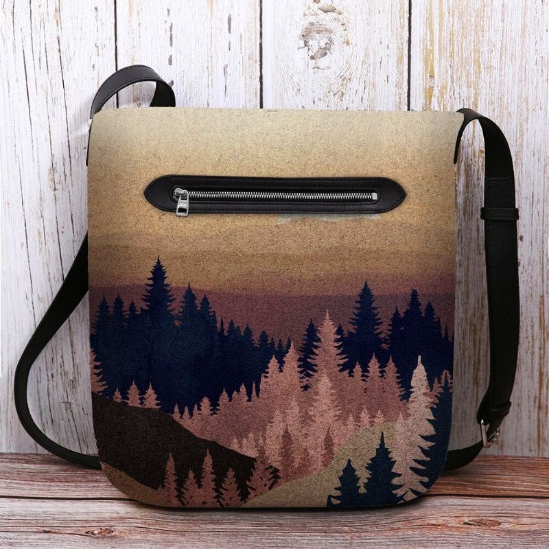 Dame Filt Dame Mountain Treetop Print Mønster Multi-carry Personlighet Skulderveske Crossbody Bag