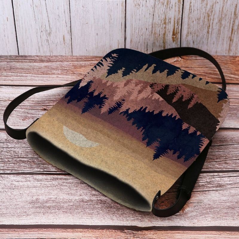 Dame Filt Dame Mountain Treetop Print Mønster Multi-carry Personlighet Skulderveske Crossbody Bag