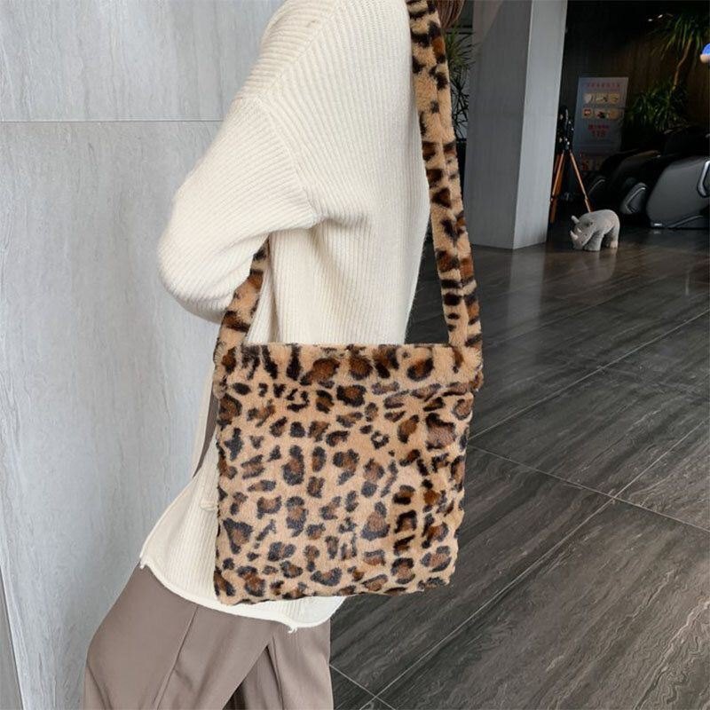 Dame Filt Mykt Leopardmønster Søt Uformell Personlighet Skulderveske Crossbody Veske