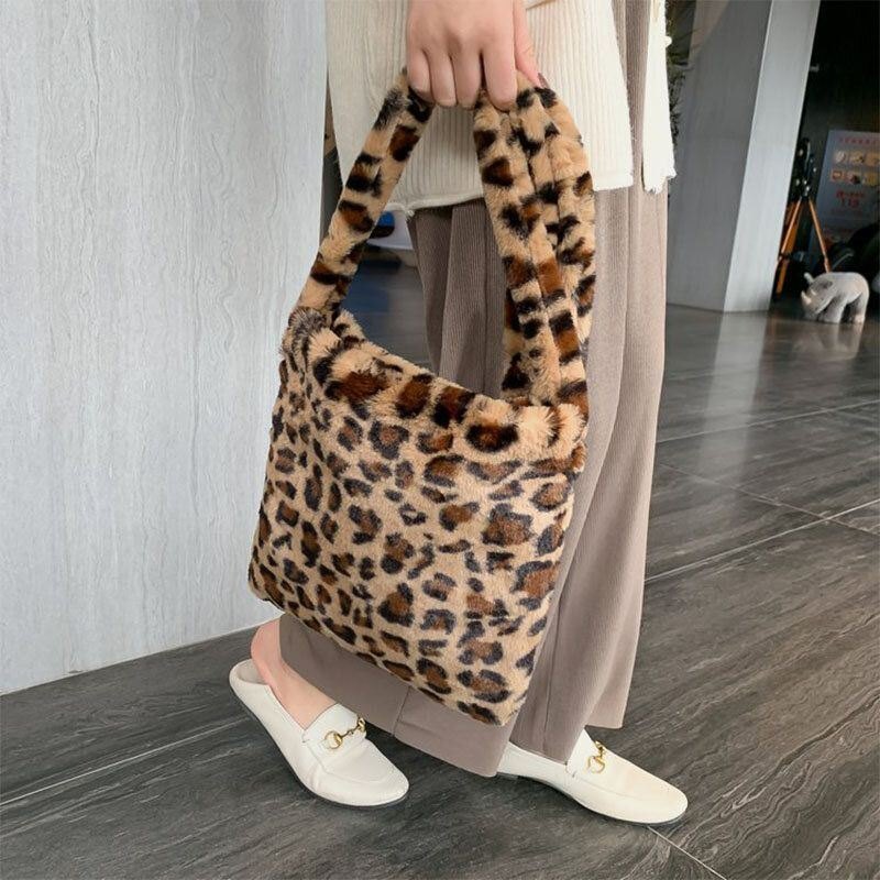 Dame Filt Mykt Leopardmønster Søt Uformell Personlighet Skulderveske Crossbody Veske