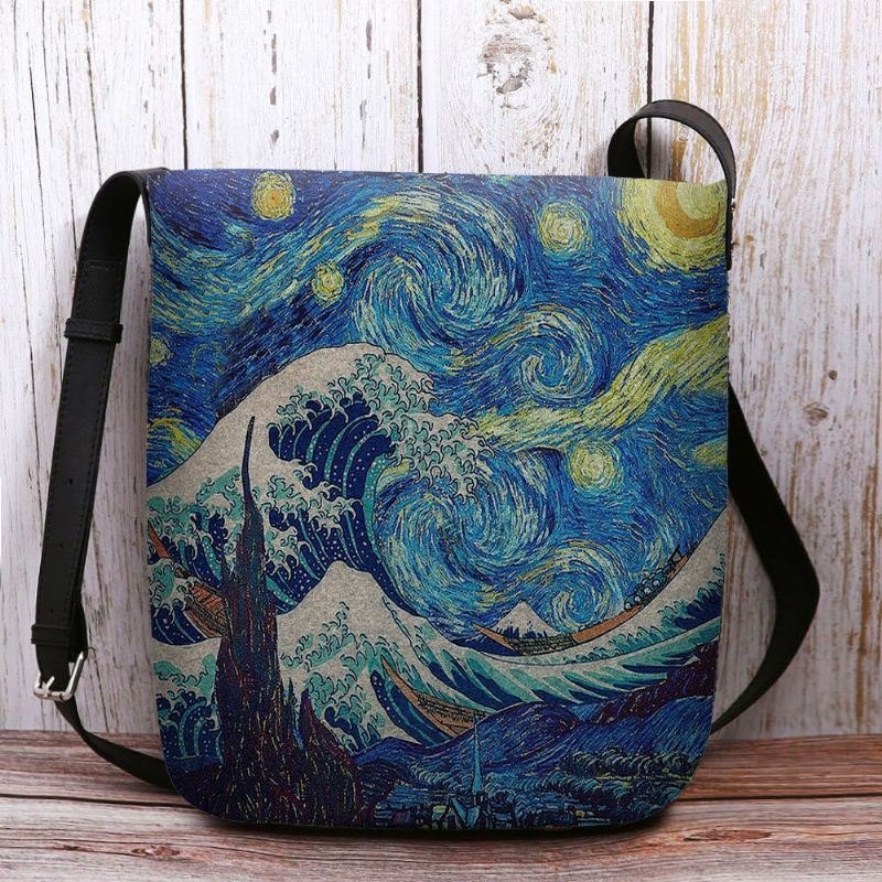 Dame Filt Sea Wave Stjernehimmel Mønster Oljemaleri Stil Utskrifter Crossbody Bag Skulderveske