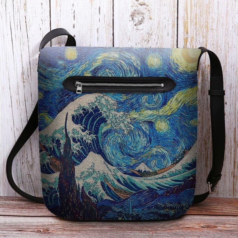 Dame Filt Sea Wave Stjernehimmel Mønster Oljemaleri Stil Utskrifter Crossbody Bag Skulderveske