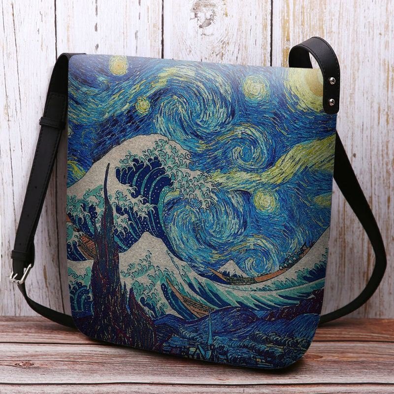 Dame Filt Sea Wave Stjernehimmel Mønster Oljemaleri Stil Utskrifter Crossbody Bag Skulderveske