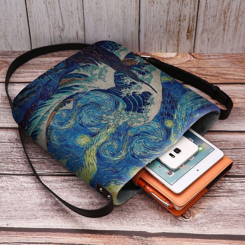 Dame Filt Sea Wave Stjernehimmel Mønster Oljemaleri Stil Utskrifter Crossbody Bag Skulderveske