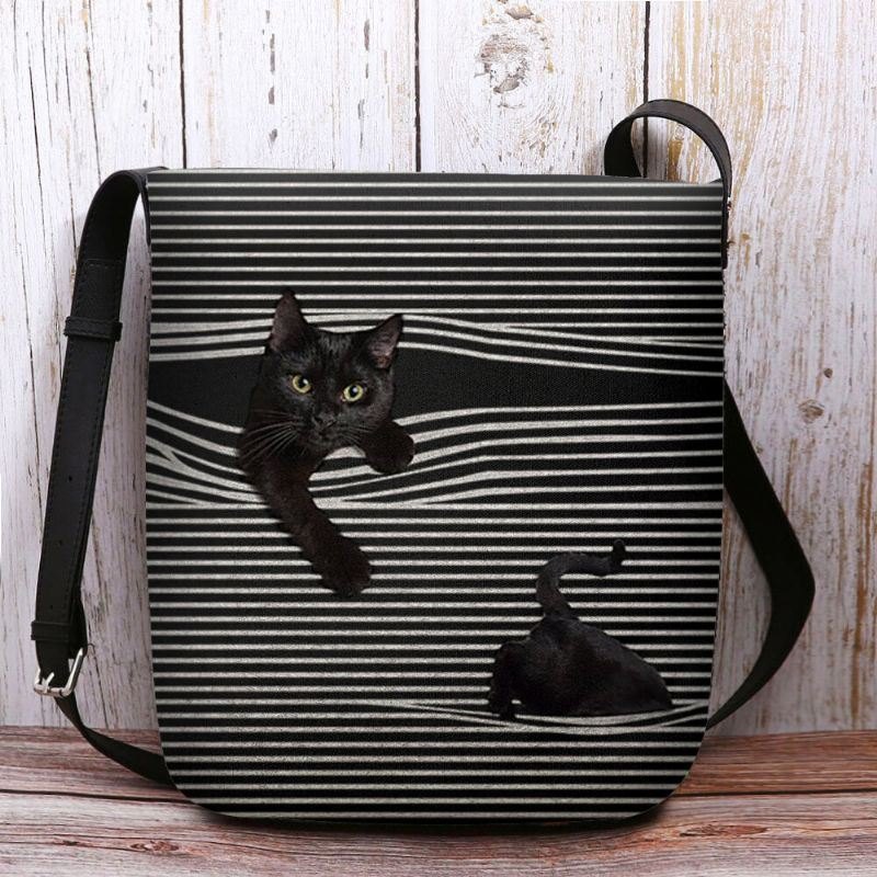 Dame Filt Stripemønster Tredimensjonal Vision Cat Print Skulderveske Crossbody Bag