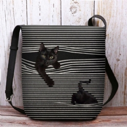 Dame Filt Stripemønster Tredimensjonal Vision Cat Print Skulderveske Crossbody Bag