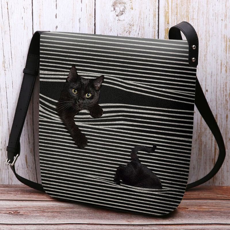 Dame Filt Stripemønster Tredimensjonal Vision Cat Print Skulderveske Crossbody Bag