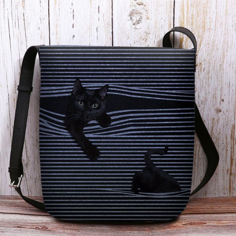 Dame Filt Stripemønster Tredimensjonal Vision Cat Print Skulderveske Crossbody Bag