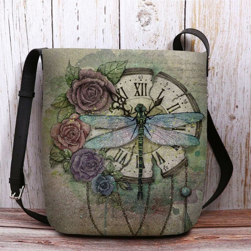 Dame Filt Uformell Vintage 3d Dragonfly Blomstertrykkmønster Crossbody Bag Skulderveske