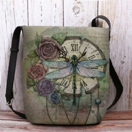 Dame Filt Uformell Vintage 3d Dragonfly Blomstertrykkmønster Crossbody Bag Skulderveske