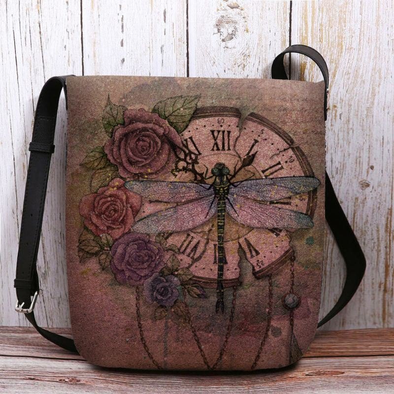 Dame Filt Uformell Vintage 3d Dragonfly Blomstertrykkmønster Crossbody Bag Skulderveske