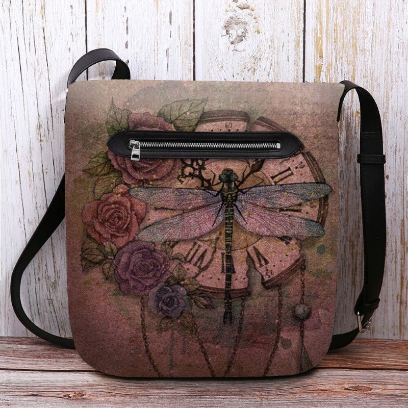 Dame Filt Uformell Vintage 3d Dragonfly Blomstertrykkmønster Crossbody Bag Skulderveske