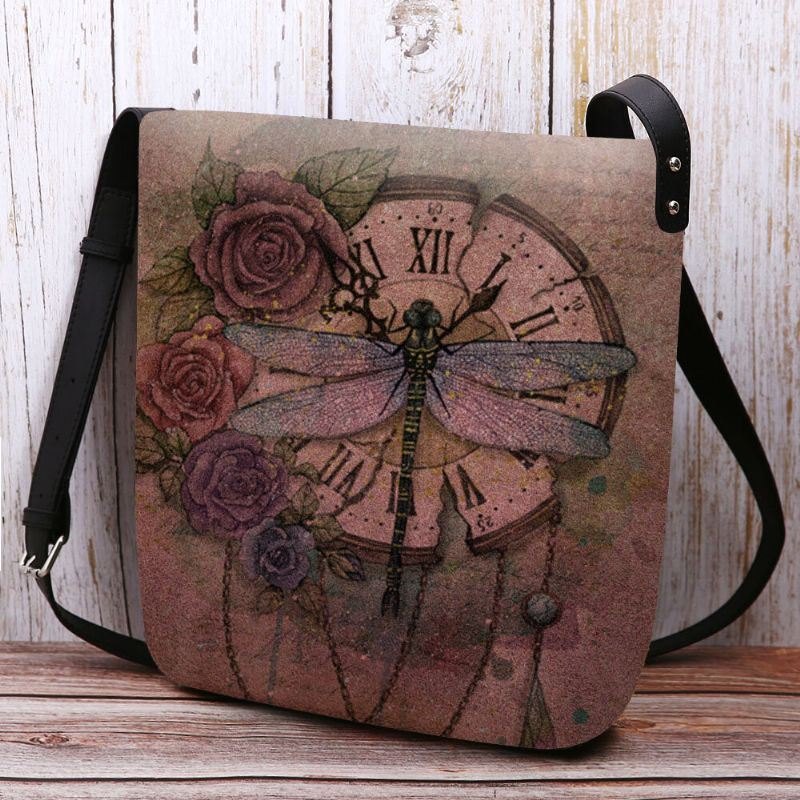 Dame Filt Uformell Vintage 3d Dragonfly Blomstertrykkmønster Crossbody Bag Skulderveske