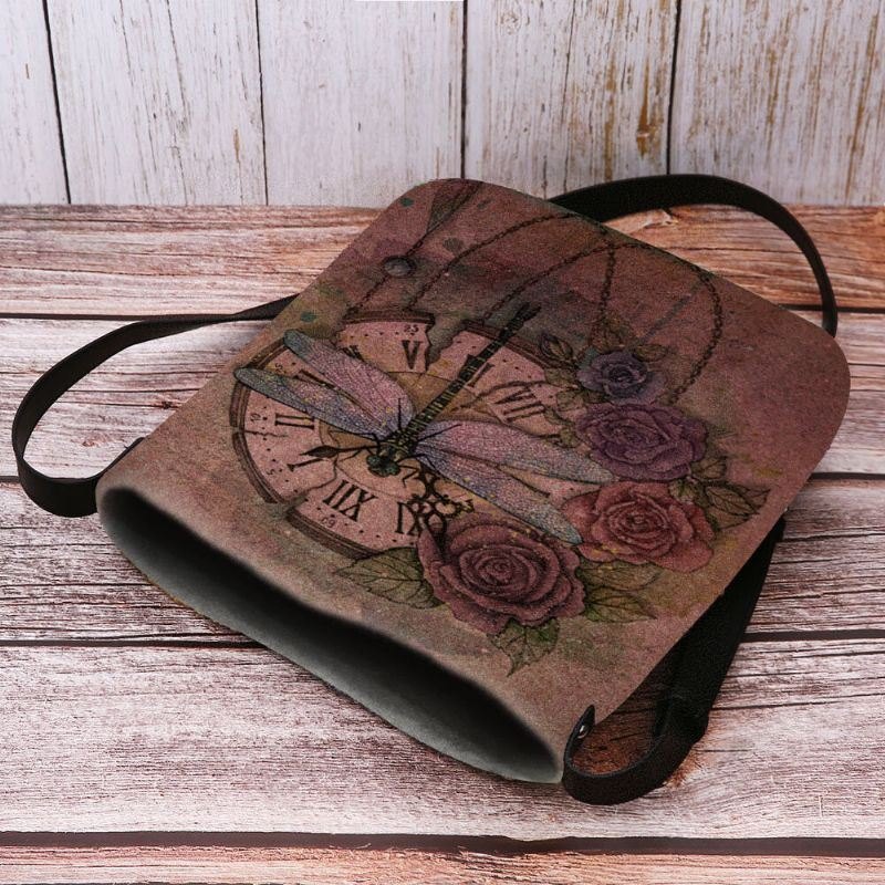 Dame Filt Uformell Vintage 3d Dragonfly Blomstertrykkmønster Crossbody Bag Skulderveske