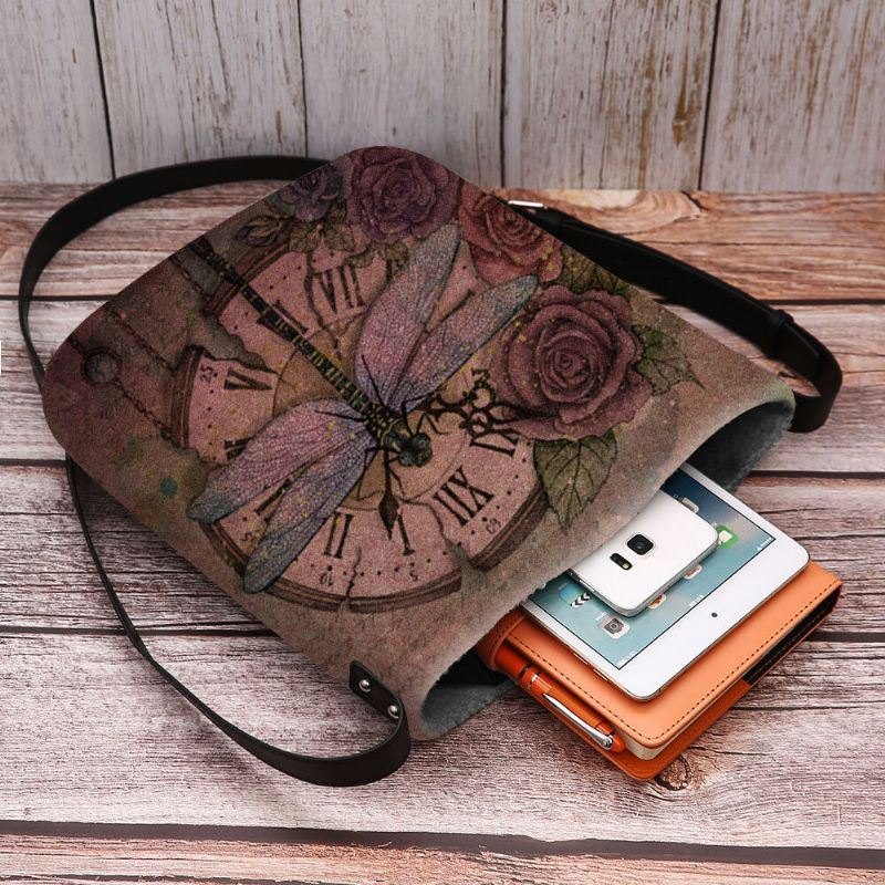 Dame Filt Uformell Vintage 3d Dragonfly Blomstertrykkmønster Crossbody Bag Skulderveske