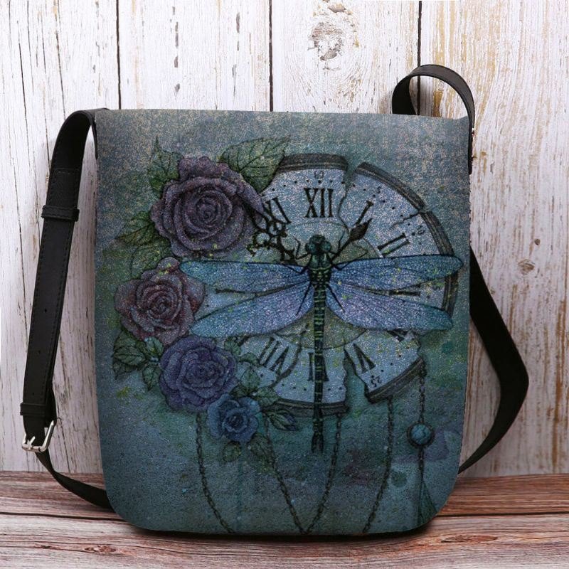 Dame Filt Uformell Vintage 3d Dragonfly Blomstertrykkmønster Crossbody Bag Skulderveske