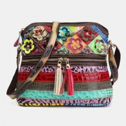 Dame Floral Vintage Ekte Skinn Crossbody-veske Jenter Casual Skulderveske