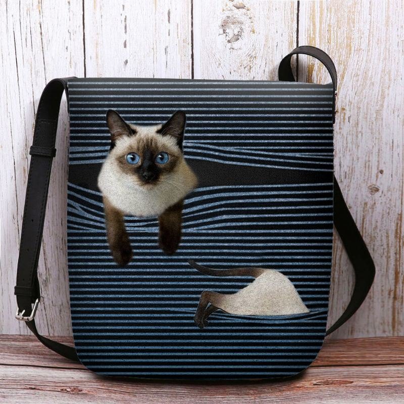 Dame Følte Søt Tegneserie Katt Stripemønster Multi-bær Crossbody Bag Skulderveske