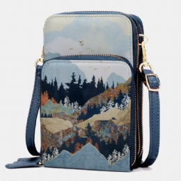 Dame Imitert Skinn Dame Mountain Treetop Print Bag 6.3 Tommers Telefonveske Crossbody Bag