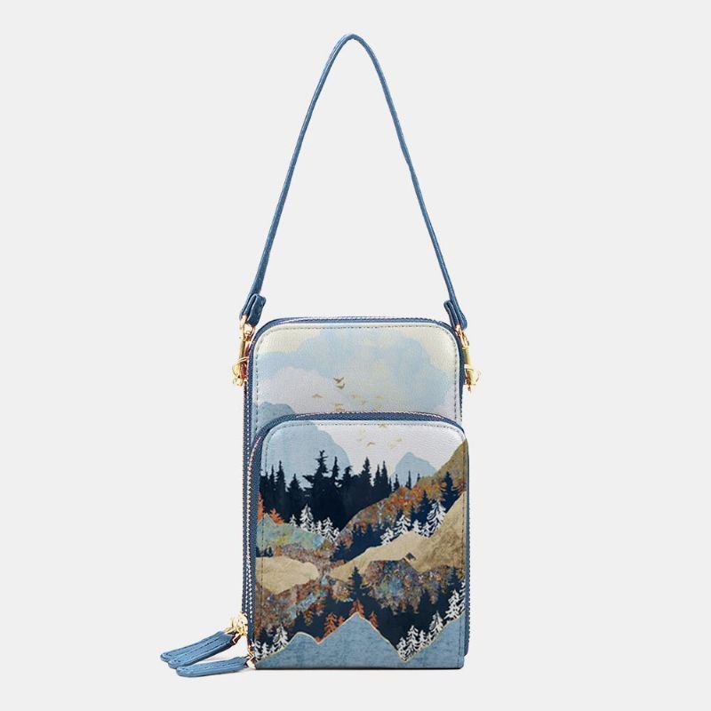 Dame Imitert Skinn Dame Mountain Treetop Print Bag 6.3 Tommers Telefonveske Crossbody Bag