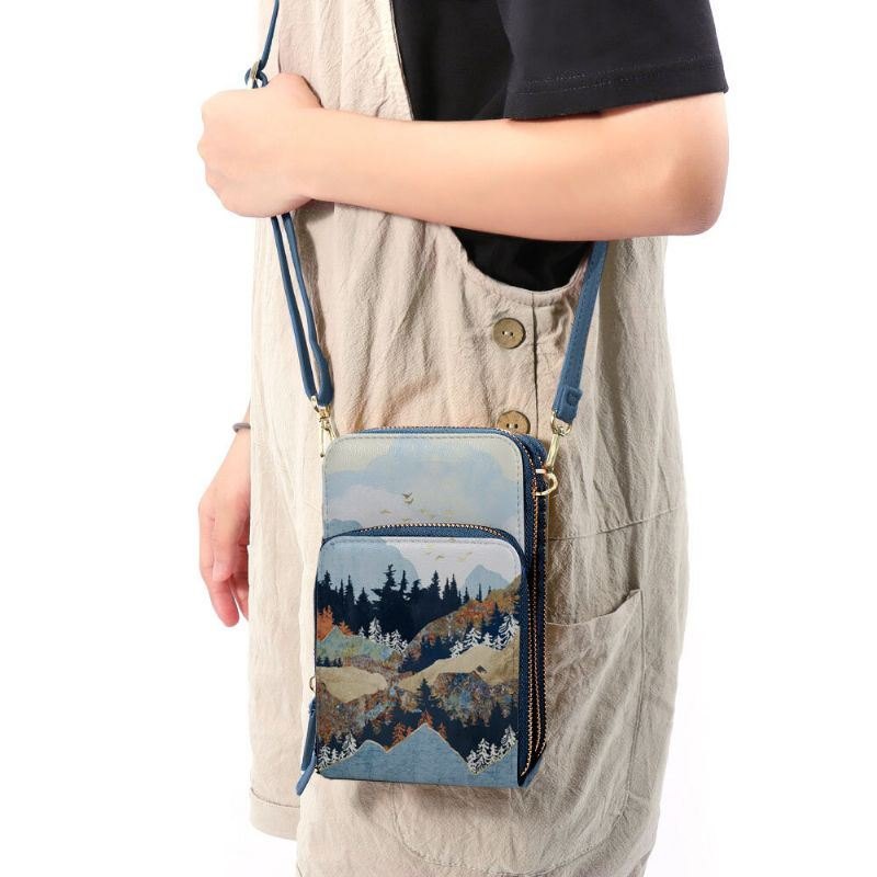 Dame Imitert Skinn Dame Mountain Treetop Print Bag 6.3 Tommers Telefonveske Crossbody Bag