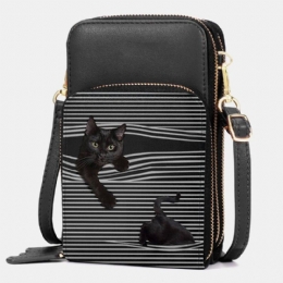 Dame Imitert Skinn Uformelt Søt Svart Katt Og Striper Mønster Justerbar Skulderveske Crossbody Veske