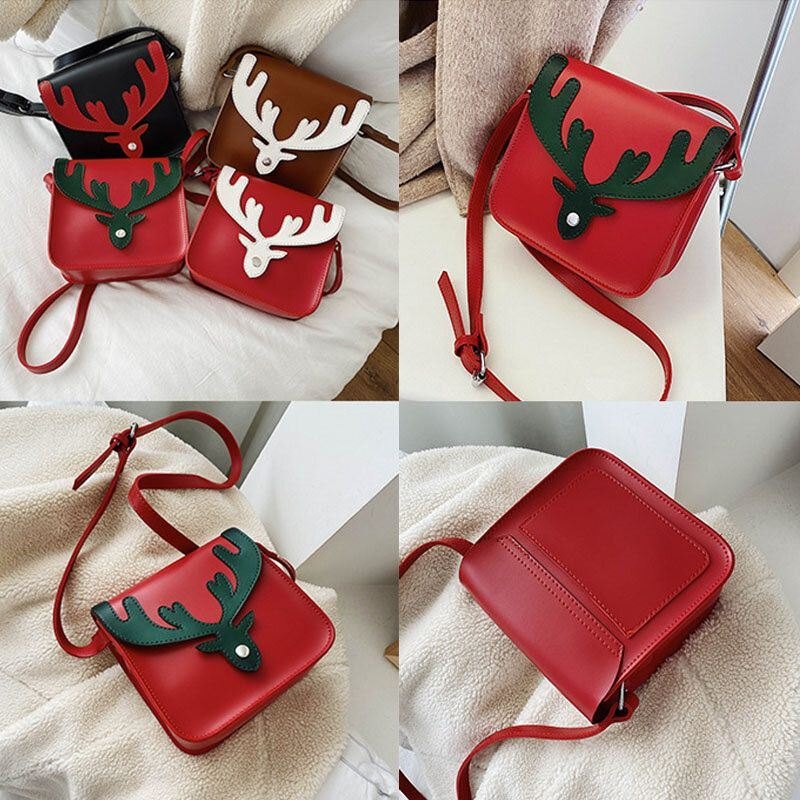 Dame Kunstskinn Kontrastfarge Jul Elg Mønster Liten Firkantet Veske Crossbody Bag Skulderveske