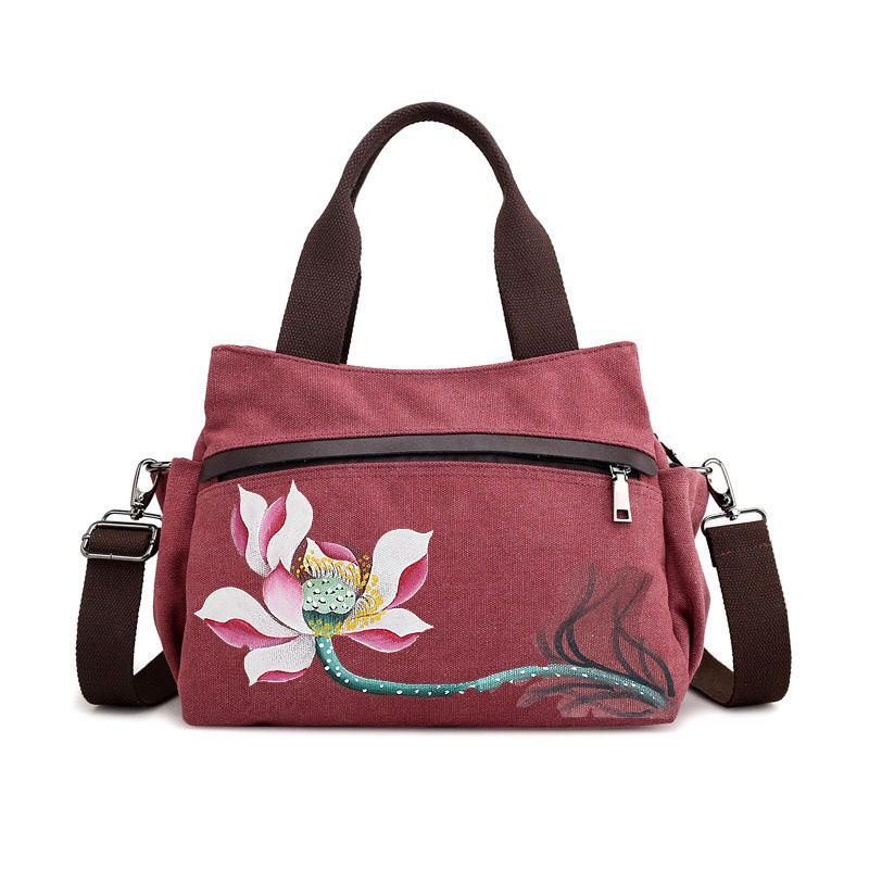 Dame Lotus Canvas Handbag Chinese Crossbody Bag