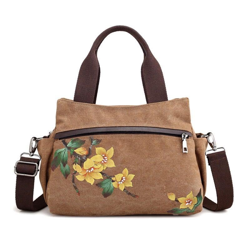 Dame Lotus Canvas Handbag Chinese Crossbody Bag