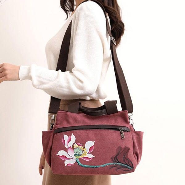 Dame Lotus Canvas Handbag Chinese Crossbody Bag