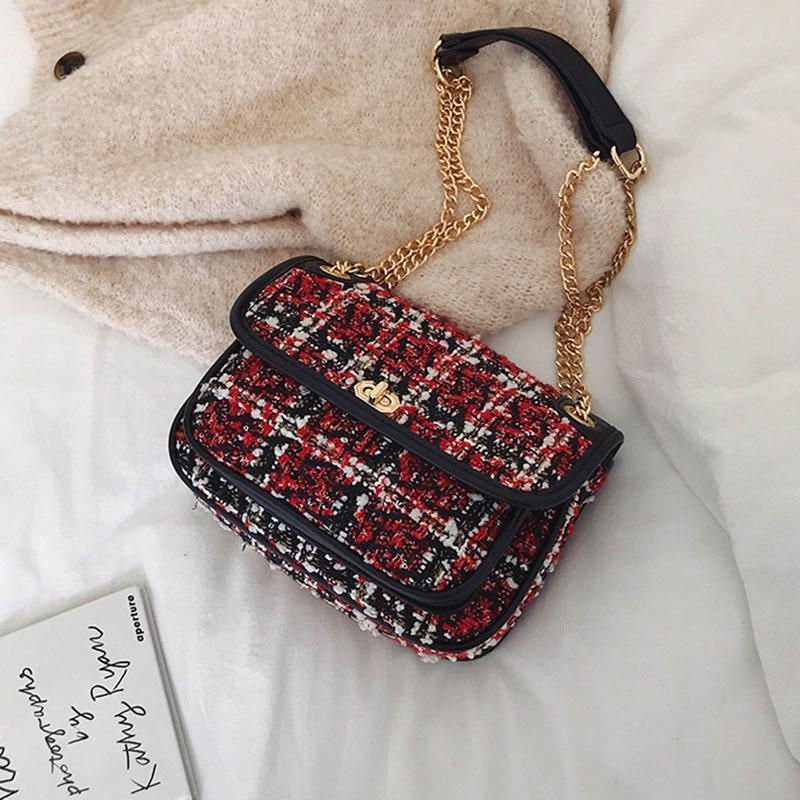 Dame Mix Farge Woven Woolen Vintage Chain Bag Clutch Bag Crossbody Bag