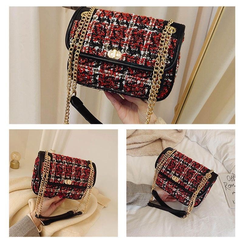 Dame Mix Farge Woven Woolen Vintage Chain Bag Clutch Bag Crossbody Bag