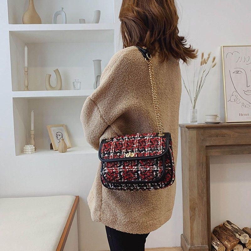 Dame Mix Farge Woven Woolen Vintage Chain Bag Clutch Bag Crossbody Bag