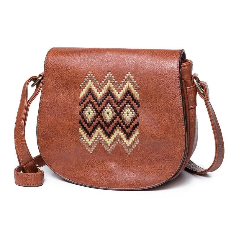 Dame National Pu Leather Brodery Crossbody Bag