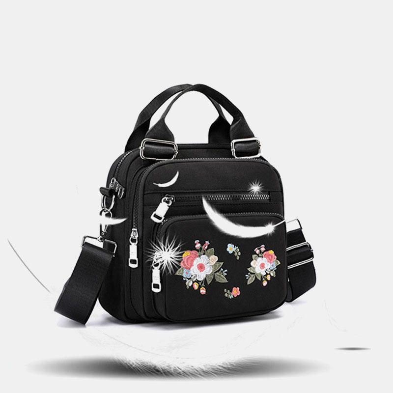 Dame Nylon Mote Brodert Crossbody Bag Skulderveske Håndveske