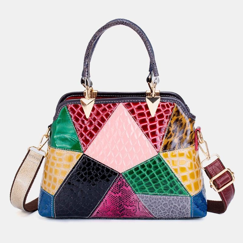 Dame Oljevoks Ekte Skinn Patchwork Håndveske Crossbody Bag Skulderveske