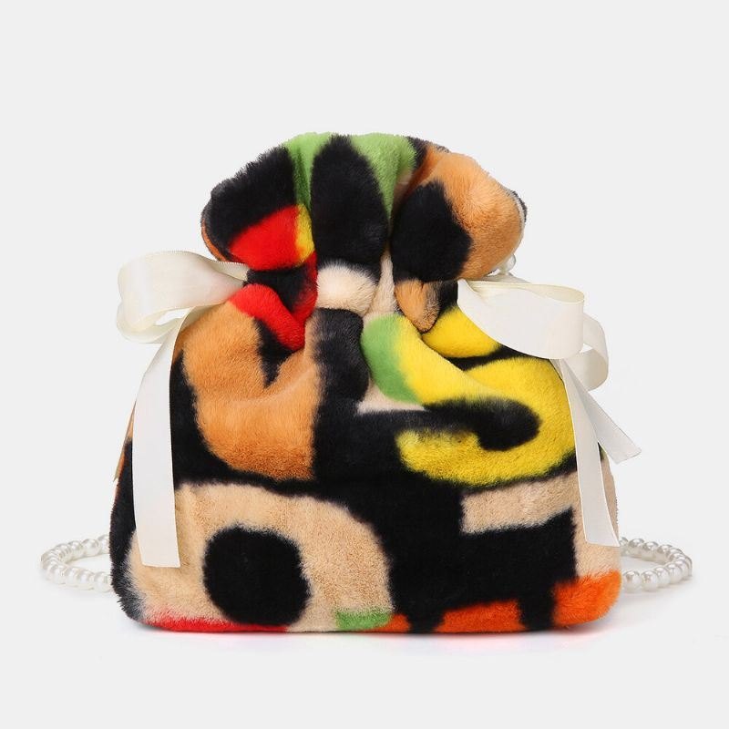 Dame Plysj Tie-dye Patchwork Pearl Bowknot Chain Skulderveske Crossbody Bag