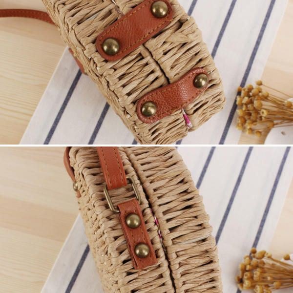 Dame Rundvevd Halm Crossbody Bag Solid Beach Bag