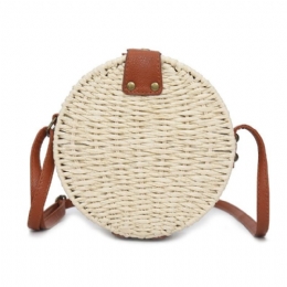 Dame Sommer Rund Strå Skulderveske Vintage Woven Beach Tote Crossbody Håndveske