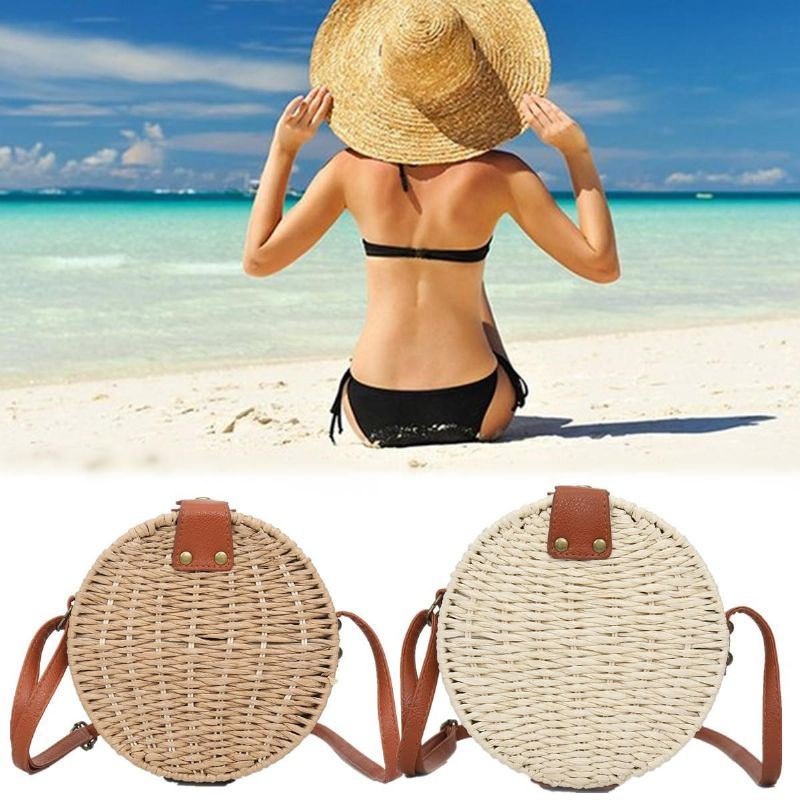 Dame Sommer Rund Strå Skulderveske Vintage Woven Beach Tote Crossbody Håndveske