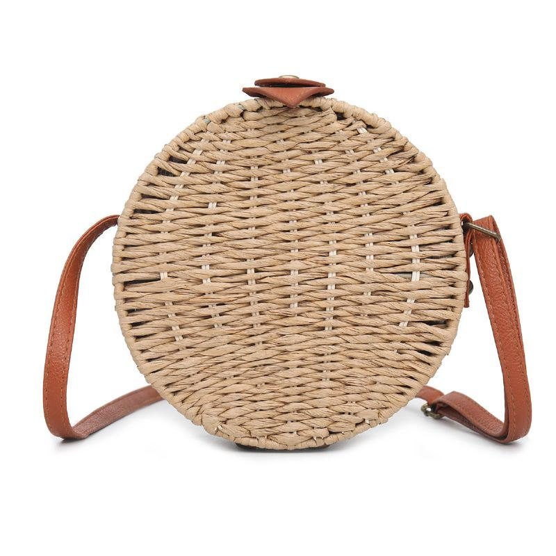 Dame Sommer Rund Strå Skulderveske Vintage Woven Beach Tote Crossbody Håndveske