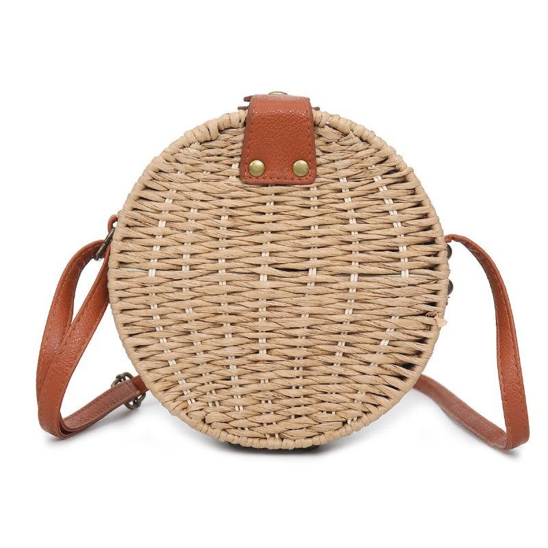 Dame Sommer Rund Strå Skulderveske Vintage Woven Beach Tote Crossbody Håndveske