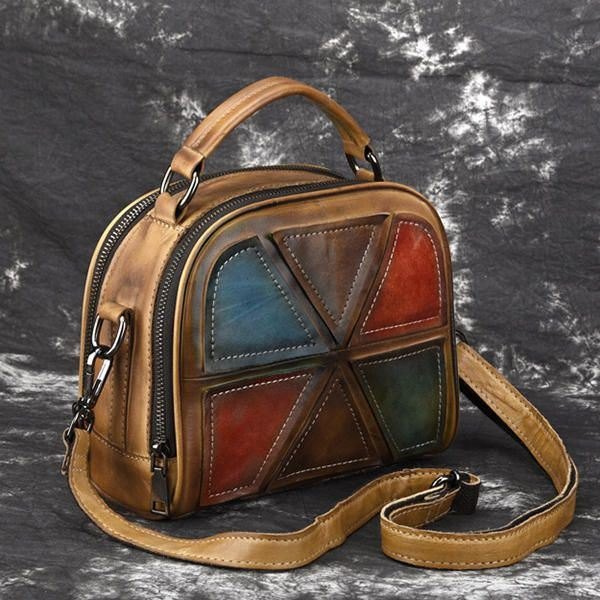 Dame Vintage Ekte Skinn Håndlaget Børstefarge Håndvesker Sying Crossbody-vesker