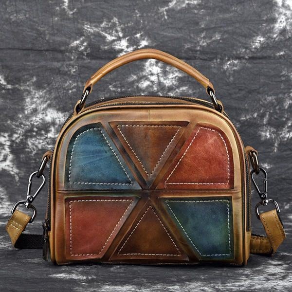 Dame Vintage Ekte Skinn Håndlaget Børstefarge Håndvesker Sying Crossbody-vesker