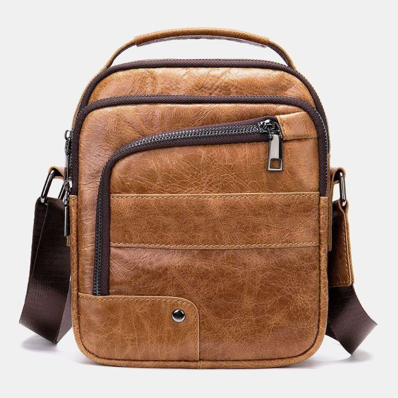 Ekte Skinn For Herre Multilommer Øretelefonhull Vintage Vanntette Crossbody-vesker Skuldervesker