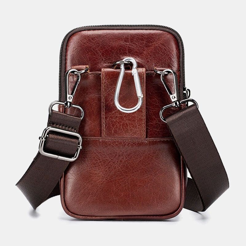 Ekte Skinn For Herre Retro Business Casual Ensfarget Skinn Kuskinn Multi-bære Midjeveske Crossbody-veske