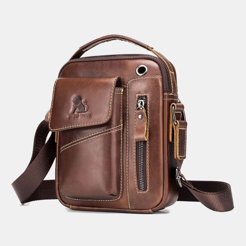 Ekte Skinn For Herre Slitasjebestandig Hodetelefonhull Multilomme Vintage Crossbody Bag Skulderveske